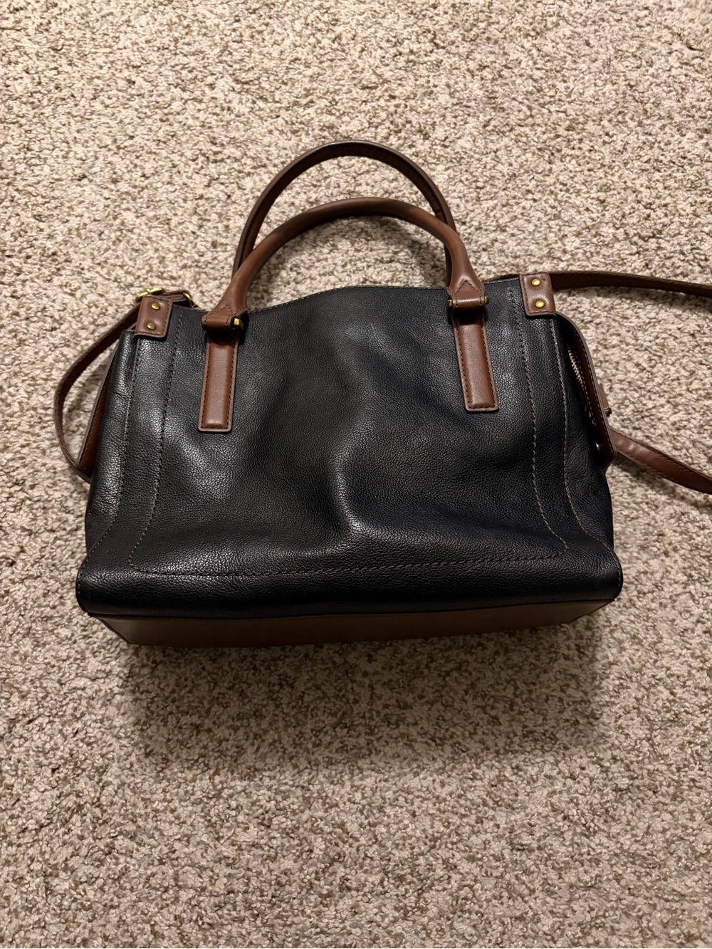 Fossil Claire Two-Tone Black and Brown Leather Satchel